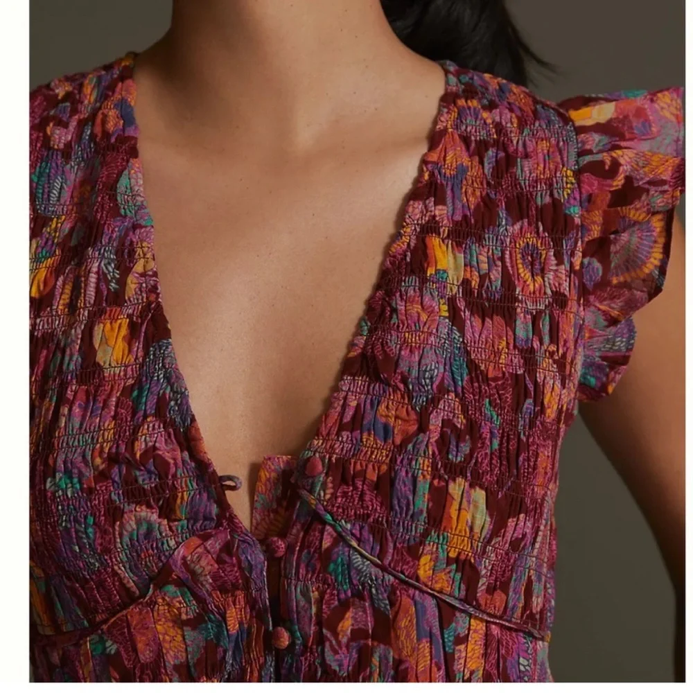 NWOT Anthropologie Peregrine mixed print burgundy smocked maxi dress - Picture 3 of 11